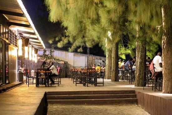Terrace tables with lights between the pine trees at night